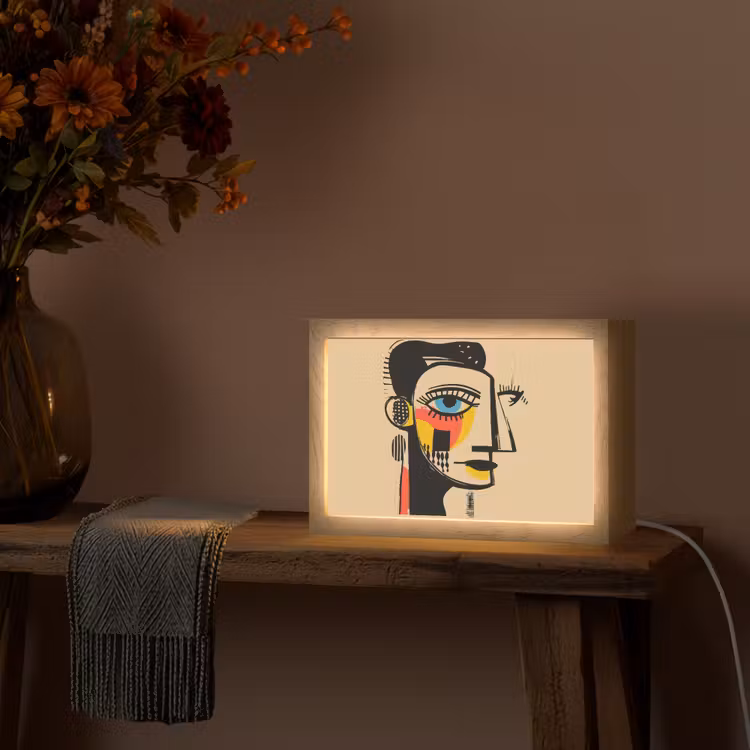 Geometrisch - Felle kleuren - Kubistische stijl Light Box met kabel (Tafellamp) klein -sfeer4