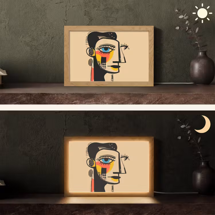 Geometrisch - Felle kleuren - Kubistische stijl Light Box met kabel (Tafellamp) klein -sfeer3