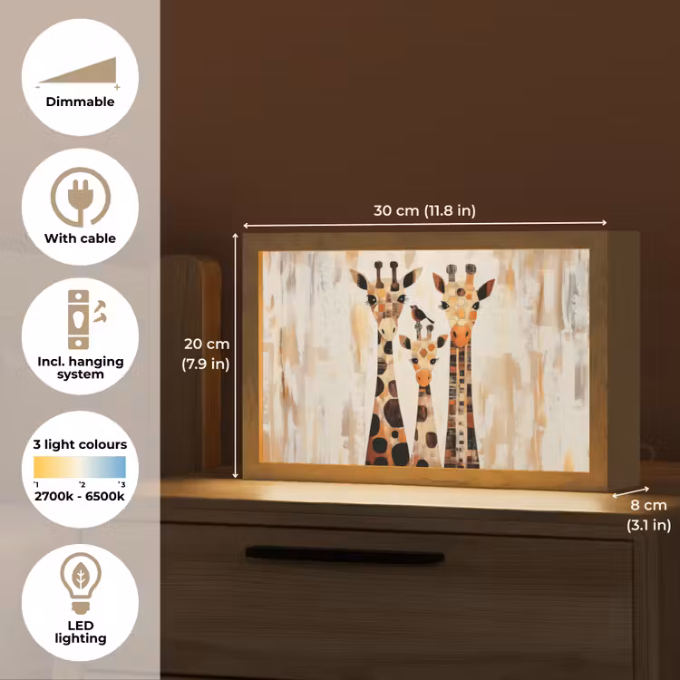 Giraffen - Cartoon - Crème Light Box met kabel (Tafellamp) klein -USP_EN
