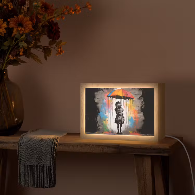 Meisje - Kunst - Paraplu - Graffiti - Kleuren - Muur Light Box met kabel (Tafellamp) klein -sfeer4