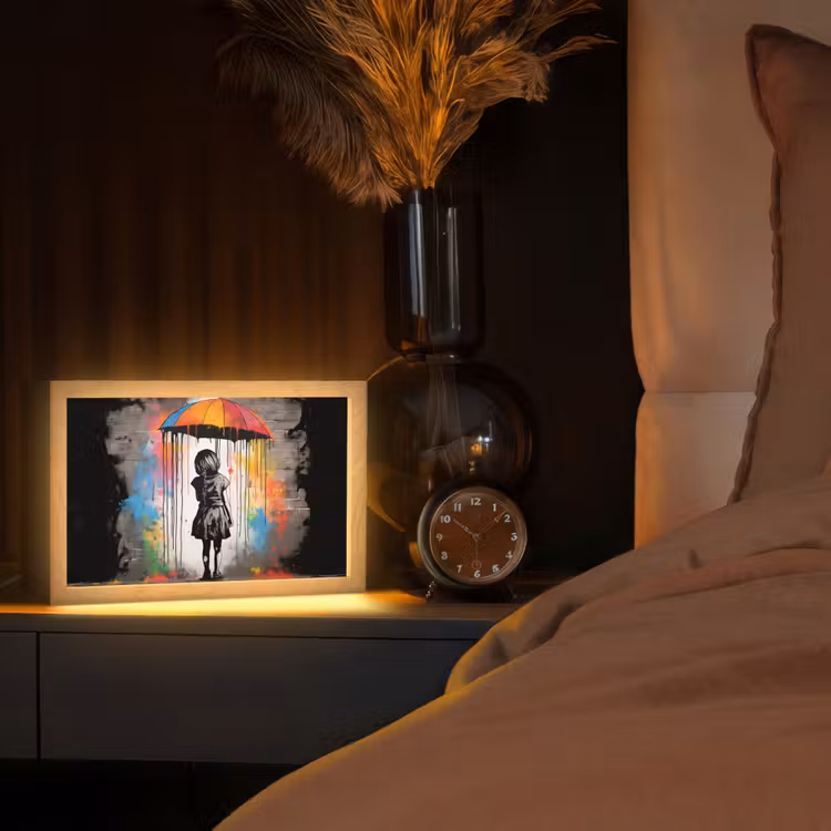 Meisje - Kunst - Paraplu - Graffiti - Kleuren - Muur Light Box met kabel (Tafellamp) klein -sfeer1