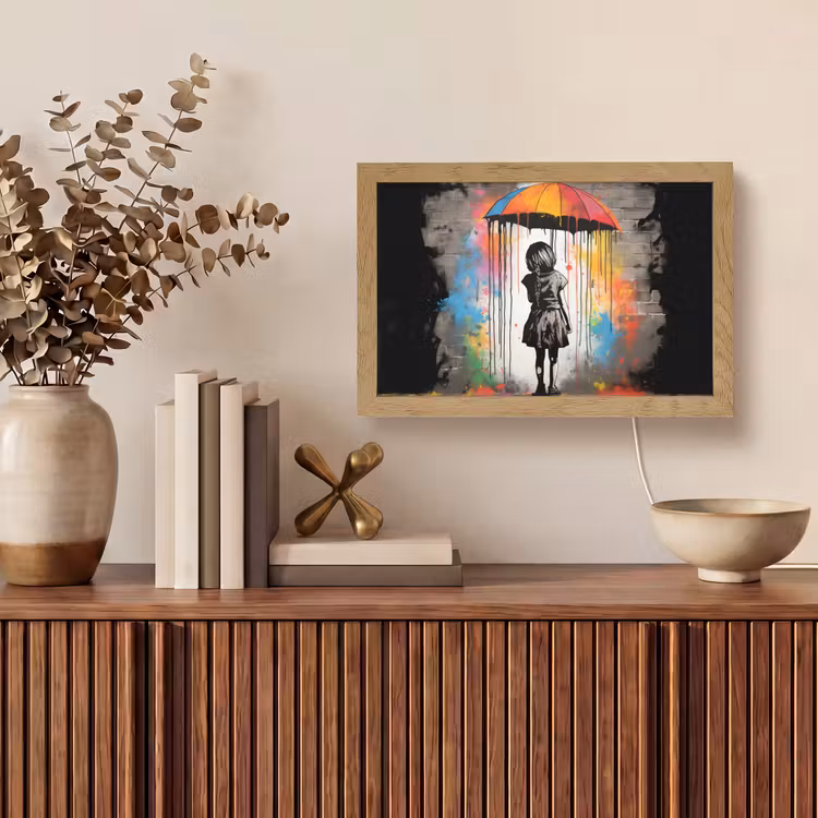 Meisje - Kunst - Paraplu - Graffiti - Kleuren - Muur Light Box met kabel (Tafellamp) klein -sfeer2