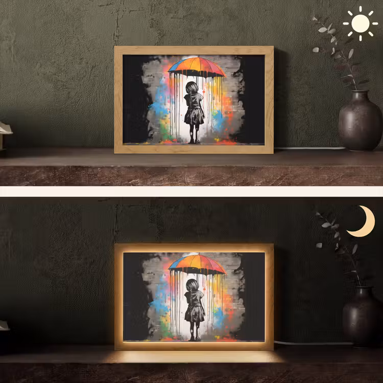 Meisje - Kunst - Paraplu - Graffiti - Kleuren - Muur Light Box met kabel (Tafellamp) klein -sfeer3