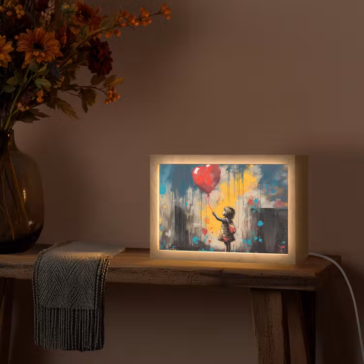 Meisje - Ballon - Hart - Graffiti Light Box met kabel (Tafellamp) klein -sfeer4