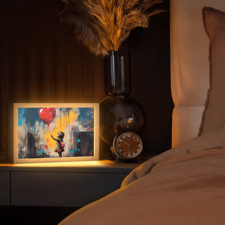 Meisje - Ballon - Hart - Graffiti Light Box met kabel (Tafellamp) klein -sfeer1