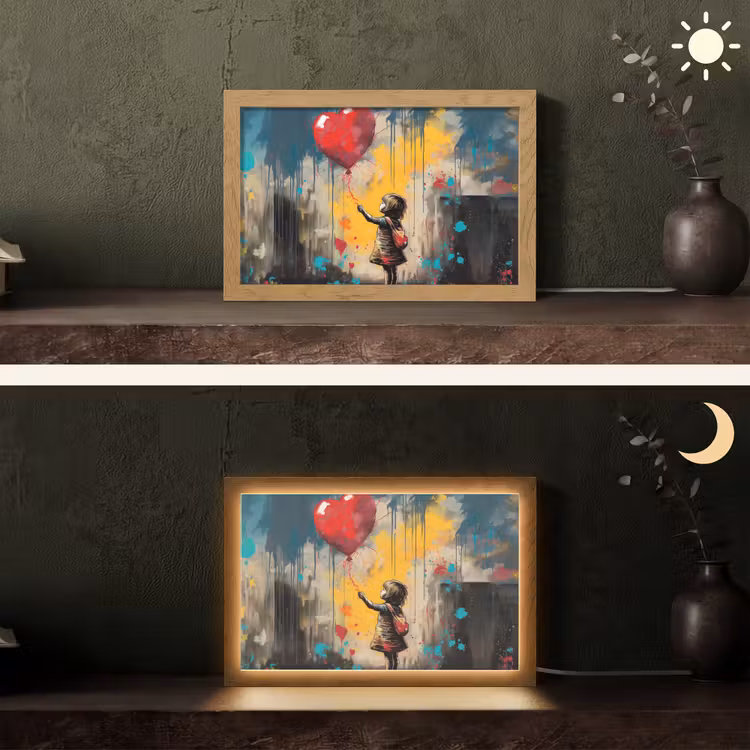 Meisje - Ballon - Hart - Graffiti Light Box met kabel (Tafellamp) klein -sfeer3