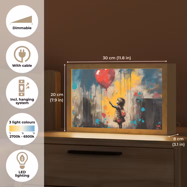Meisje - Ballon - Hart - Graffiti Light Box met kabel (Tafellamp) klein -USP_EN