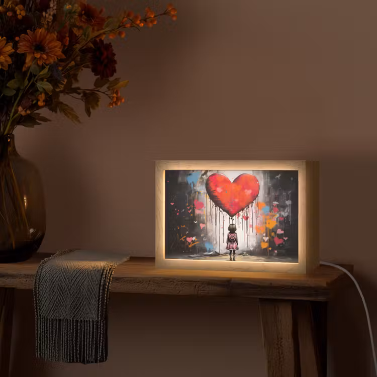 Meisje - Hart - Graffiti - Kunst - Kleuren - Rood Light Box met kabel (Tafellamp) klein -sfeer4