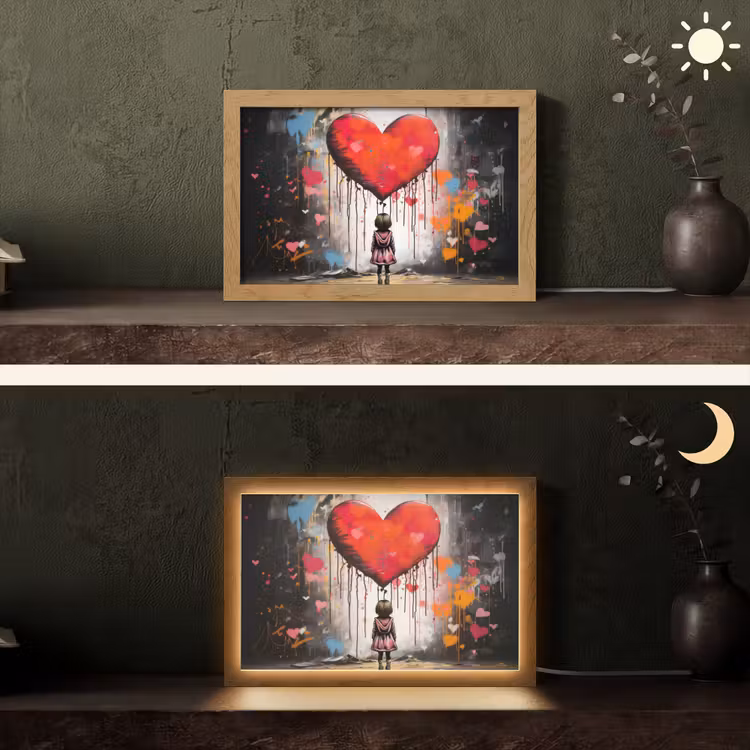 Meisje - Hart - Graffiti - Kunst - Kleuren - Rood Light Box met kabel (Tafellamp) klein -sfeer3
