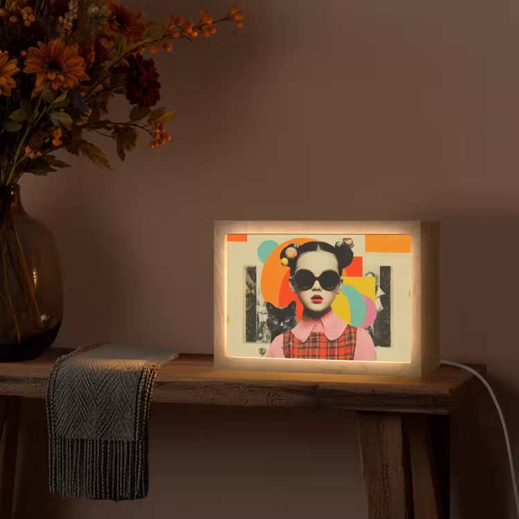 Meisje - Zonnebril - Kat - Retro Light Box met kabel (Tafellamp) klein -sfeer4