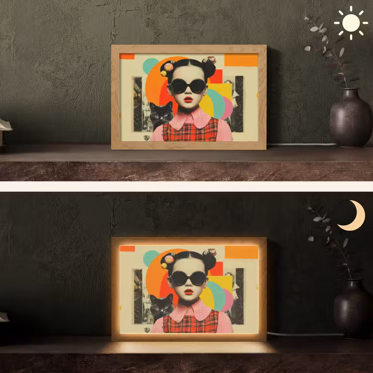Meisje - Zonnebril - Kat - Retro Light Box met kabel (Tafellamp) klein -sfeer3