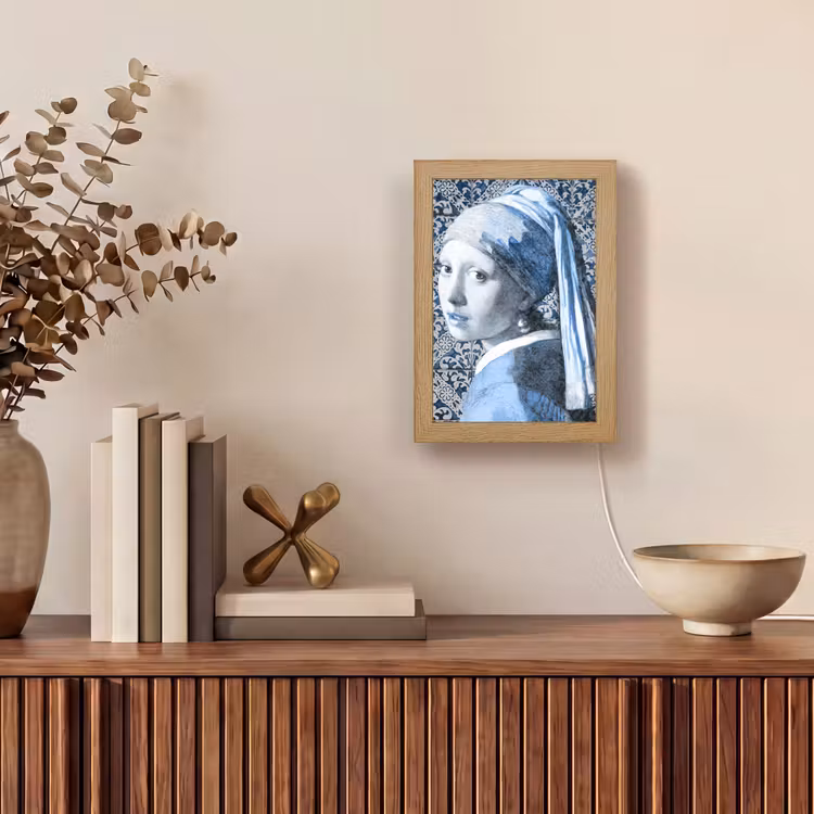Meisje met de parel - Johannes Vermeer - Delfts blauw Light Box met kabel (Tafellamp) klein -sfeer2