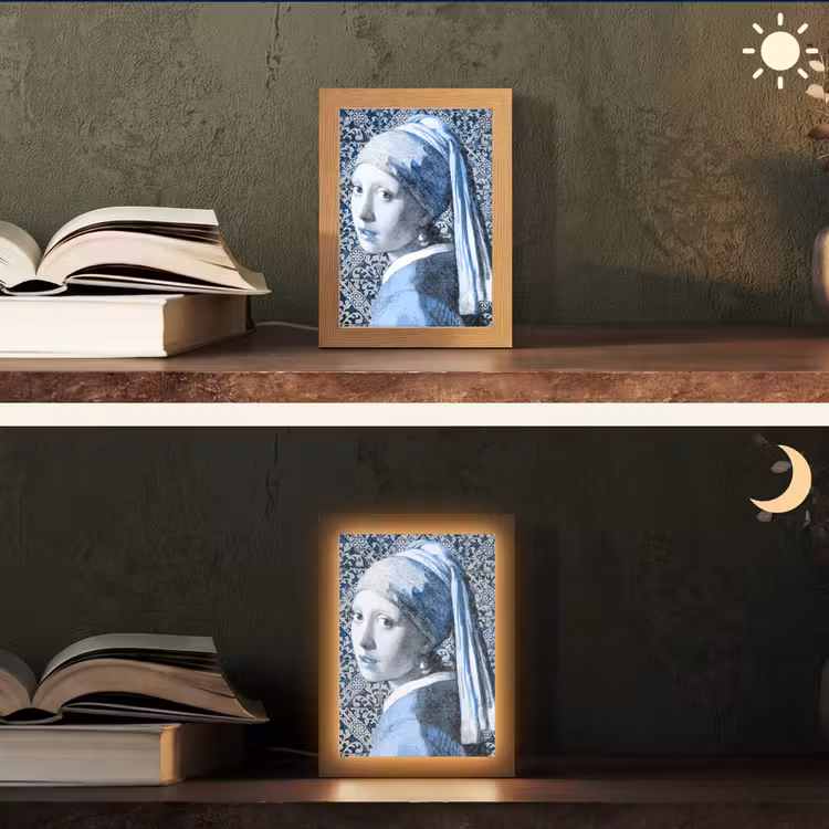 Meisje met de parel - Johannes Vermeer - Delfts blauw Light Box met kabel (Tafellamp) klein -sfeer3