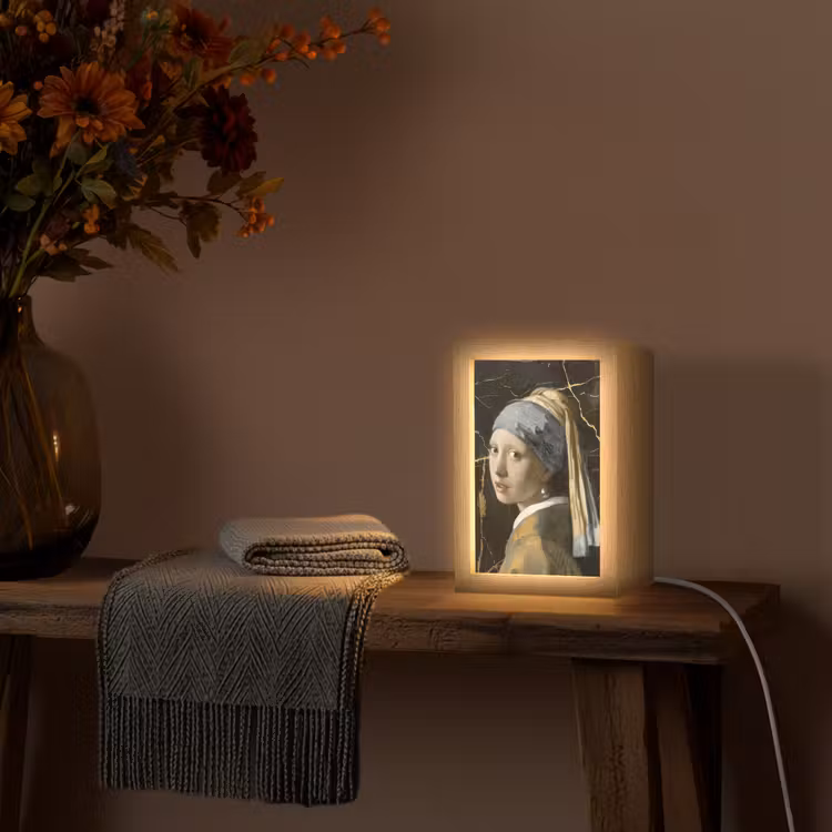 Meisje met de parel - Johannes Vermeer - Goud Light Box met kabel (Tafellamp) klein -sfeer4