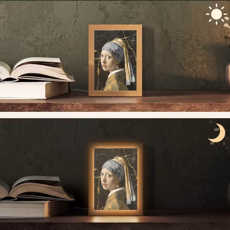 Meisje met de parel - Johannes Vermeer - Goud Light Box met kabel (Tafellamp) klein -sfeer3