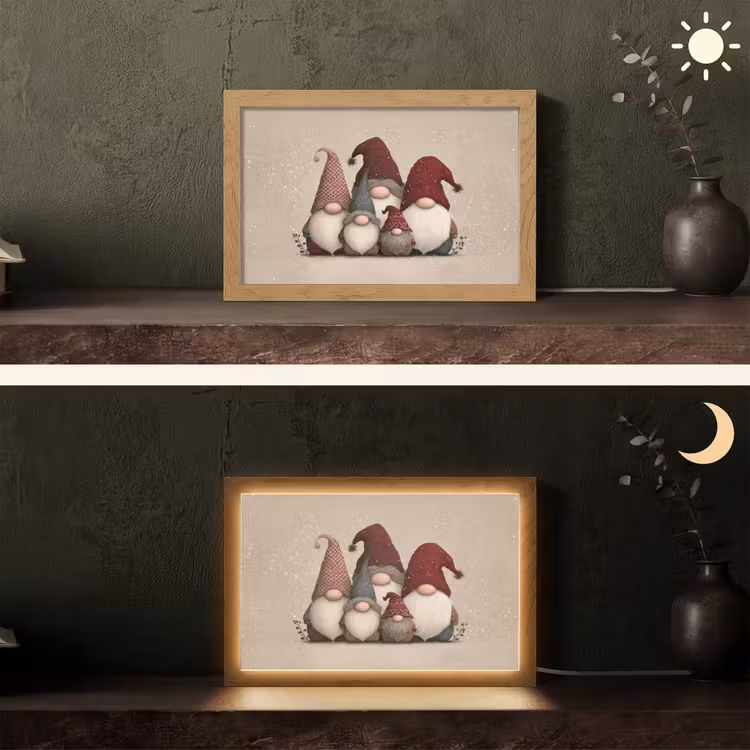 Kabouters - Kerst - Sneeuw - Puntmutsen Light Box met kabel (Tafellamp) klein -sfeer3
