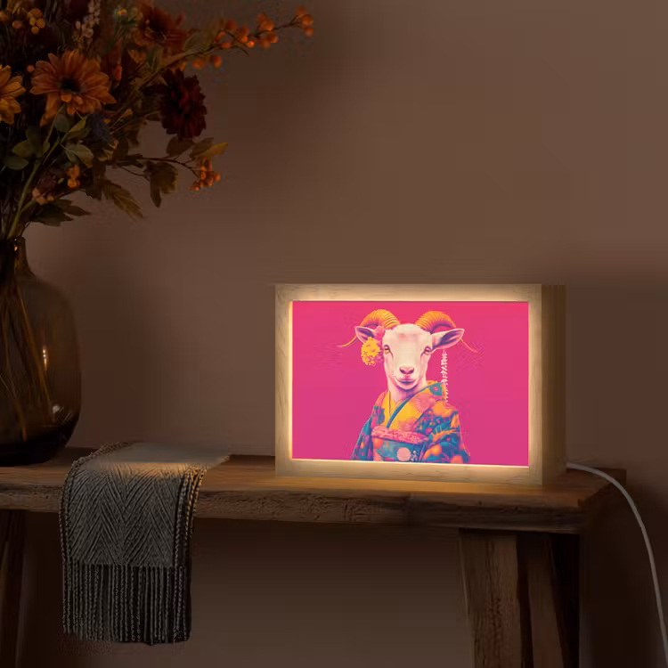 Geit - Hoorns - Kimono - Kleurrijk Light Box met kabel (Tafellamp) klein -sfeer4