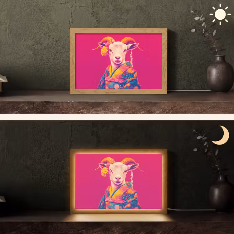 Geit - Hoorns - Kimono - Kleurrijk Light Box met kabel (Tafellamp) klein -sfeer3