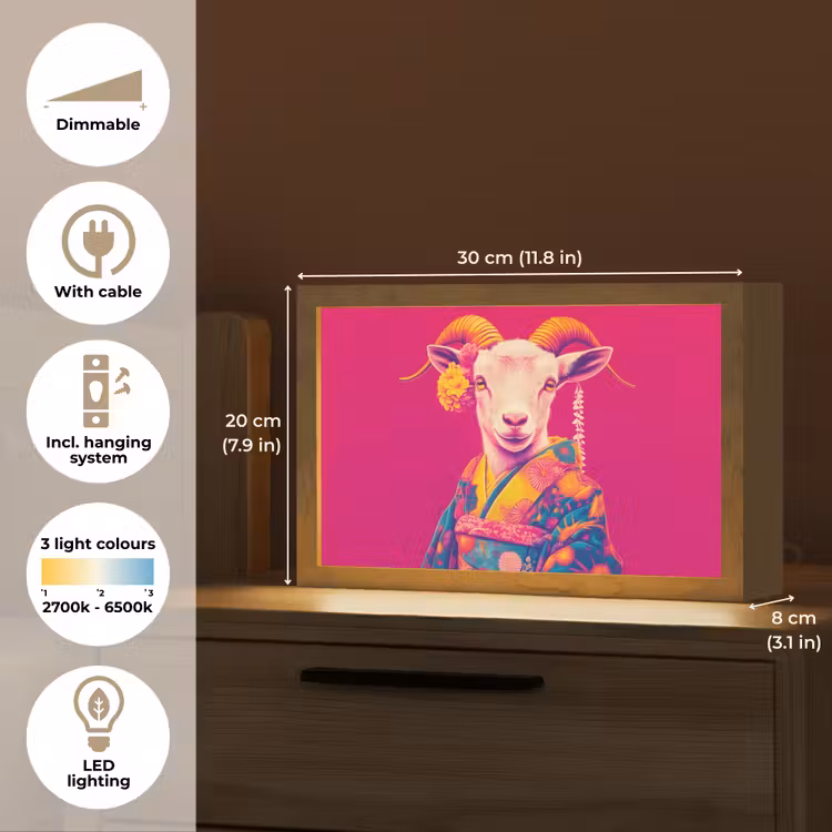 Geit - Hoorns - Kimono - Kleurrijk Light Box met kabel (Tafellamp) klein -USP_EN