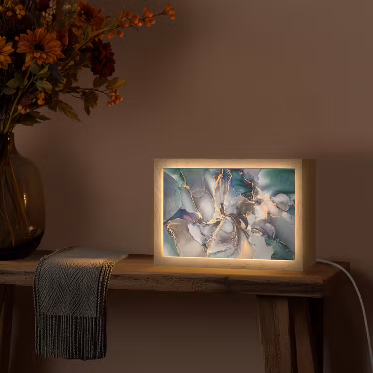 Goud - Blauw - Marmer Light Box met kabel (Tafellamp) klein -sfeer4