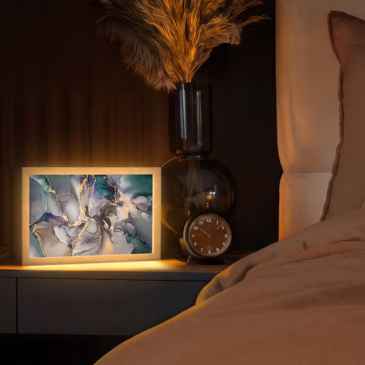 Goud - Blauw - Marmer Light Box met kabel (Tafellamp) klein -sfeer1