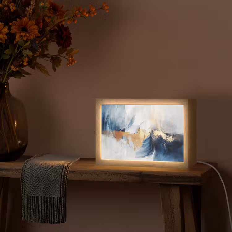 Goud - Blauw - Verf - Kunst - Modern Light Box met kabel (Tafellamp) klein -sfeer4