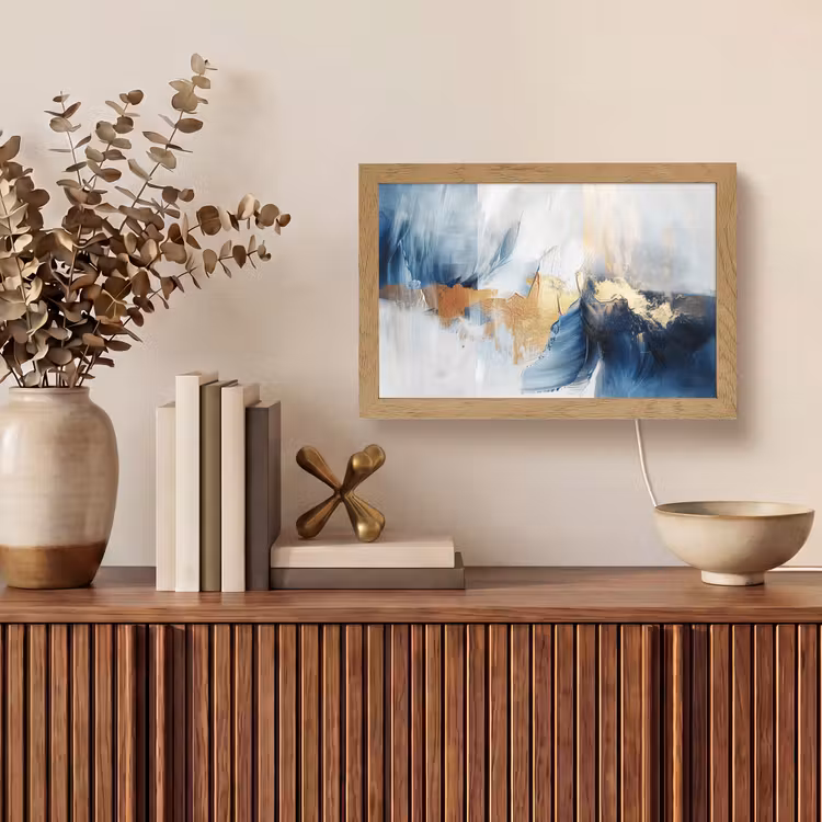 Goud - Blauw - Verf - Kunst - Modern Light Box met kabel (Tafellamp) klein -sfeer2