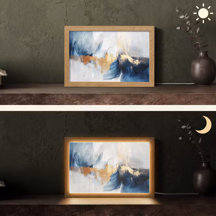 Goud - Blauw - Verf - Kunst - Modern Light Box met kabel (Tafellamp) klein -sfeer3