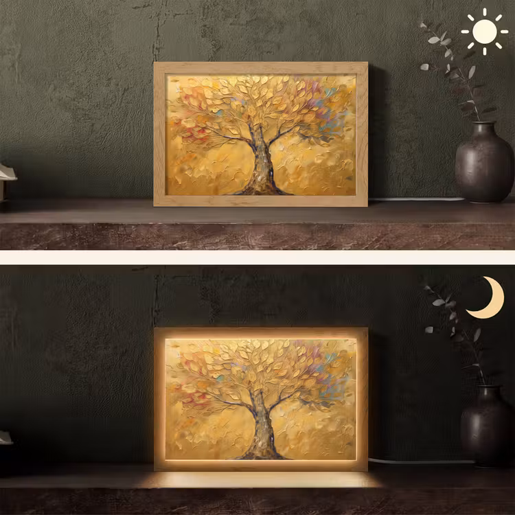 Goud - Boom - Abstract - Modern Light Box met kabel (Tafellamp) klein -sfeer3