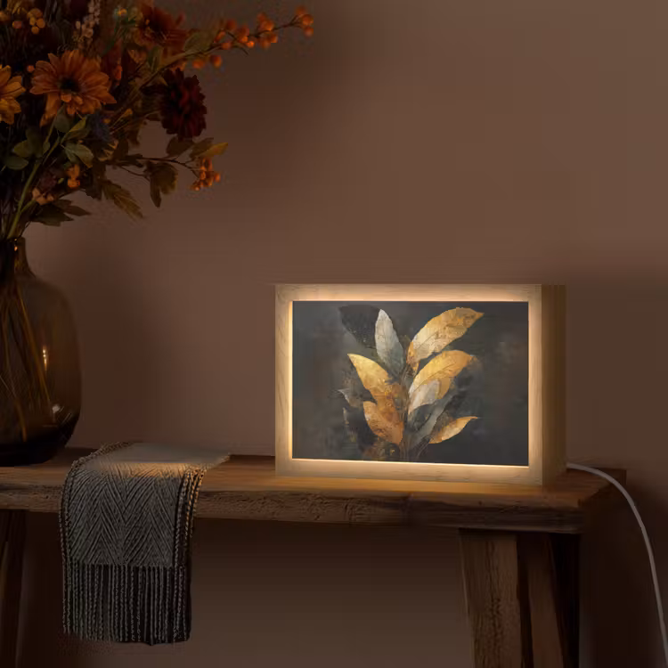 Gouden Bladcompositie – Botanische Luxe Light Box met kabel (Tafellamp) klein -sfeer4