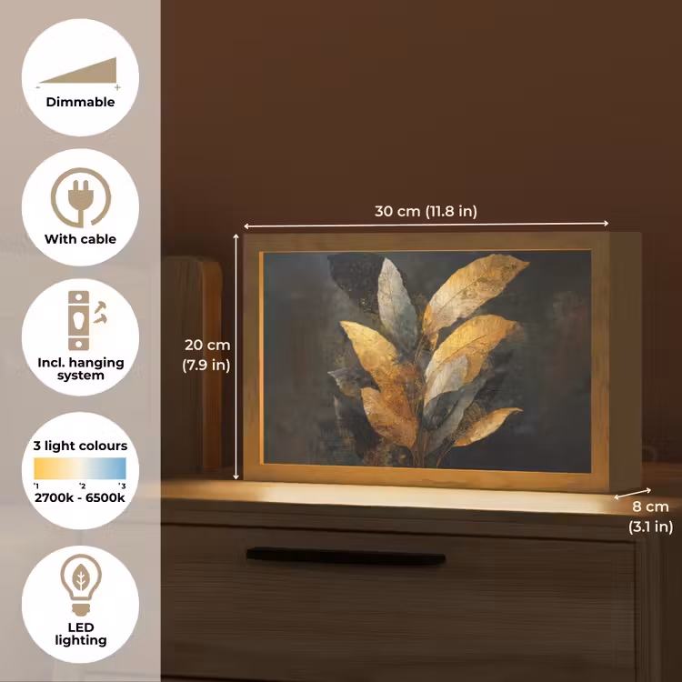 Gouden Bladcompositie – Botanische Luxe Light Box met kabel (Tafellamp) klein -USP_EN