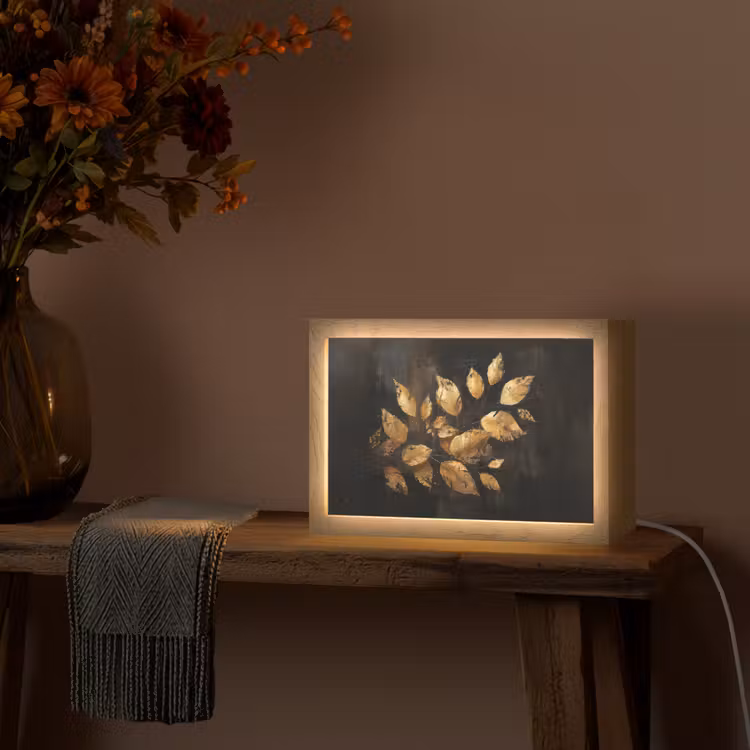 Gouden Bladeren op Donkere Achtergrond Light Box met kabel (Tafellamp) klein -sfeer4