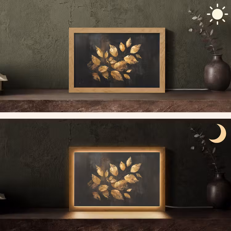Gouden Bladeren op Donkere Achtergrond Light Box met kabel (Tafellamp) klein -sfeer3