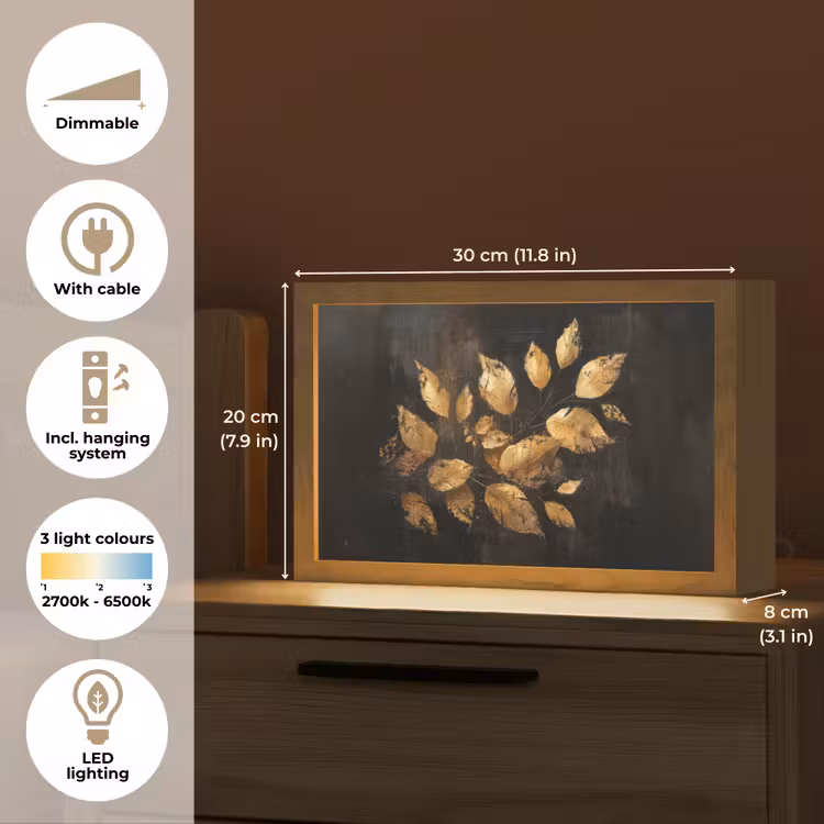 Gouden Bladeren op Donkere Achtergrond Light Box met kabel (Tafellamp) klein -USP_EN