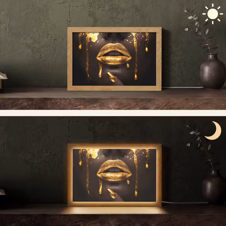 Gouden lippen - Gezicht - Vrouw - Modern Light Box met kabel (Tafellamp) klein -sfeer3