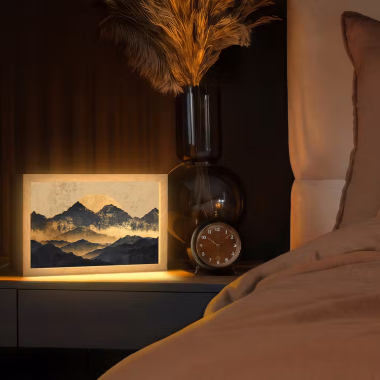 Gouden Bergen bij Maanlicht Light Box met kabel (Tafellamp) klein -sfeer1