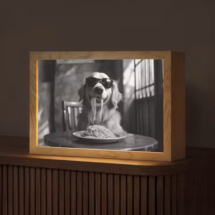 Golden Retriever - Hond - Vrolijk -  Bord spaghetti - Zwart - wit Light Box met kabel (Tafellamp) klein -z3d_website