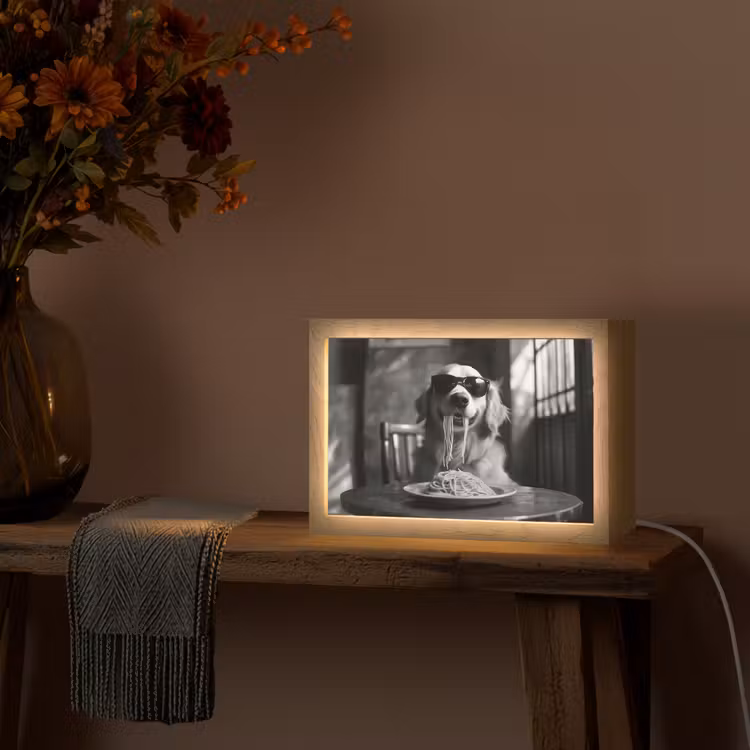 Golden Retriever - Hond - Vrolijk -  Bord spaghetti - Zwart - wit Light Box met kabel (Tafellamp) klein -sfeer4
