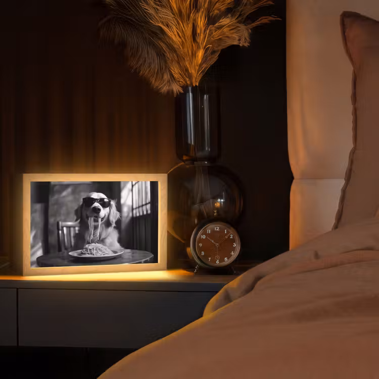 Golden Retriever - Hond - Vrolijk -  Bord spaghetti - Zwart - wit Light Box met kabel (Tafellamp) klein -sfeer1