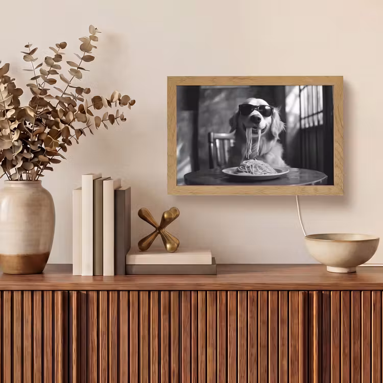 Golden Retriever - Hond - Vrolijk -  Bord spaghetti - Zwart - wit Light Box met kabel (Tafellamp) klein -sfeer2