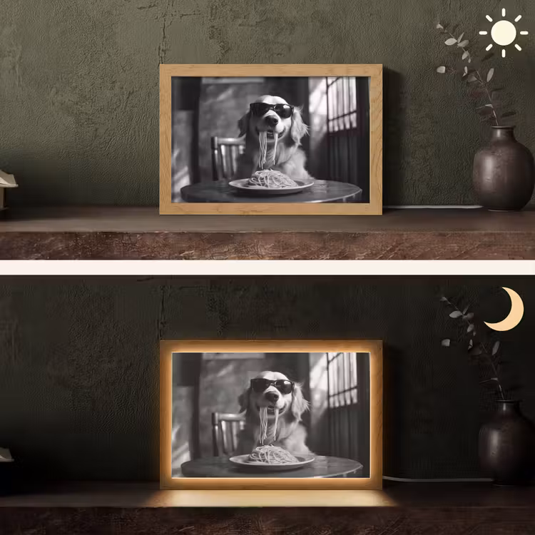 Golden Retriever - Hond - Vrolijk -  Bord spaghetti - Zwart - wit Light Box met kabel (Tafellamp) klein -sfeer3
