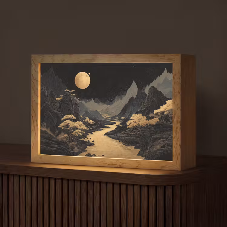 Gouden rivier - Bergen - Maan - Sterrenhemel Light Box met kabel (Tafellamp) klein -z3d_website