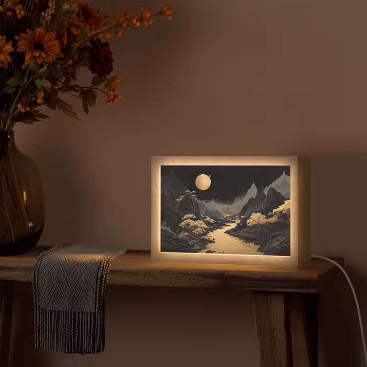Gouden rivier - Bergen - Maan - Sterrenhemel Light Box met kabel (Tafellamp) klein -sfeer4