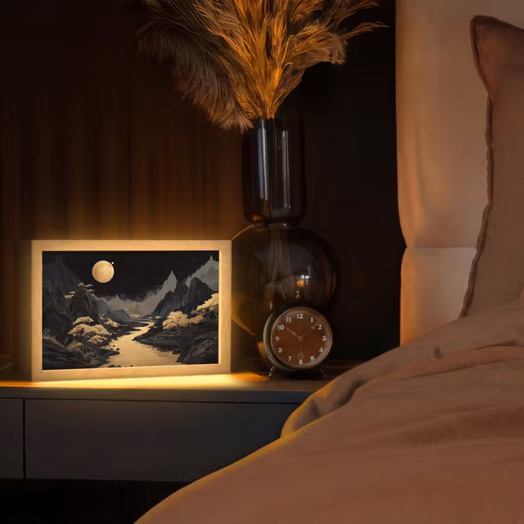 Gouden rivier - Bergen - Maan - Sterrenhemel Light Box met kabel (Tafellamp) klein -sfeer1