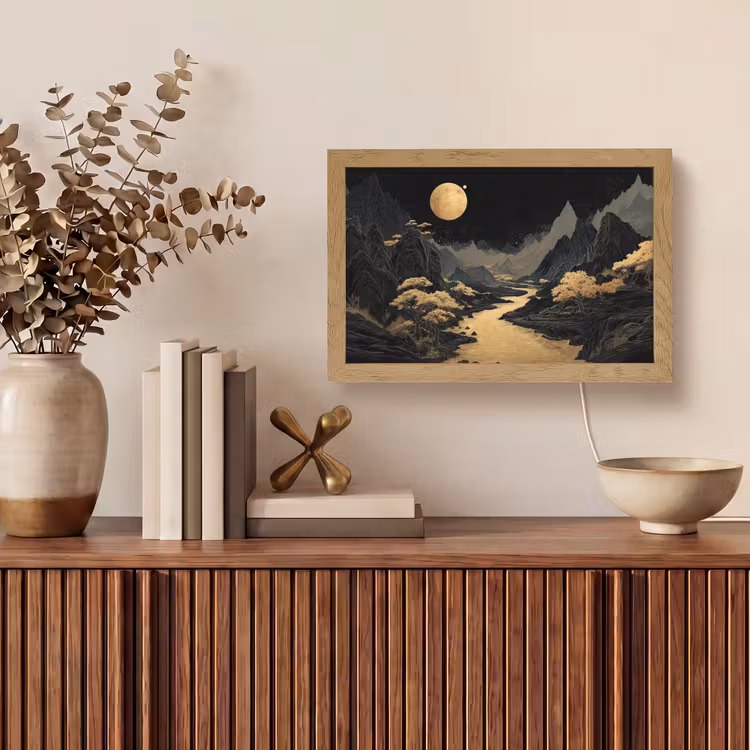 Gouden rivier - Bergen - Maan - Sterrenhemel Light Box met kabel (Tafellamp) klein -sfeer2