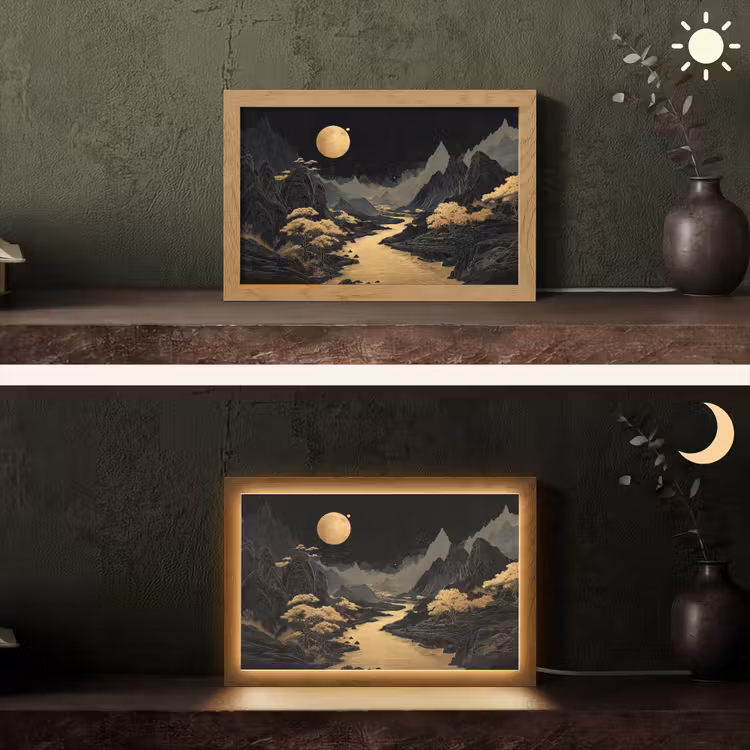 Gouden rivier - Bergen - Maan - Sterrenhemel Light Box met kabel (Tafellamp) klein -sfeer3