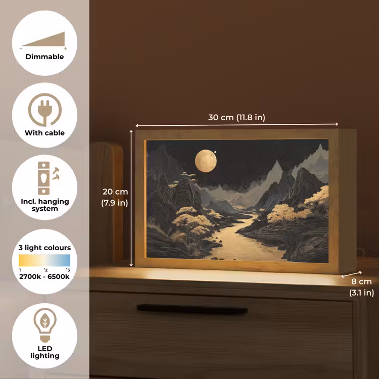 Gouden rivier - Bergen - Maan - Sterrenhemel Light Box met kabel (Tafellamp) klein -USP_EN