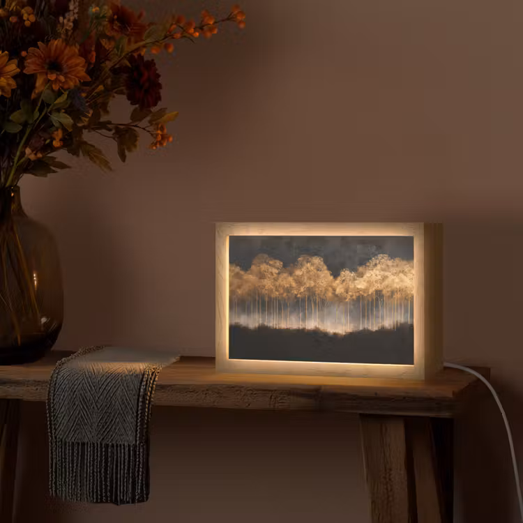 Gouden Bomen in Mistig Landschap Light Box met kabel (Tafellamp) klein -sfeer4