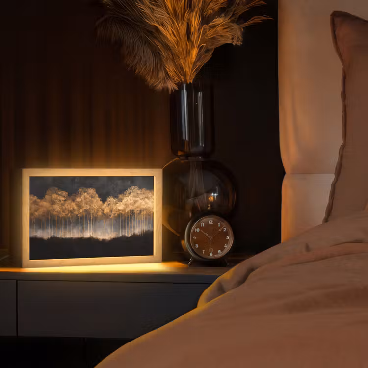 Gouden Bomen in Mistig Landschap Light Box met kabel (Tafellamp) klein -sfeer1