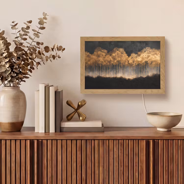 Gouden Bomen in Mistig Landschap Light Box met kabel (Tafellamp) klein -sfeer2
